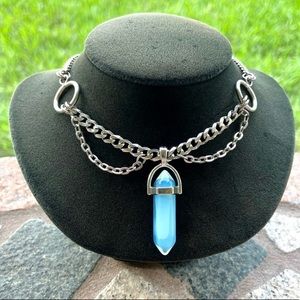 Stainless steel choker with blue iridescent opalite bullet charm boho necklace